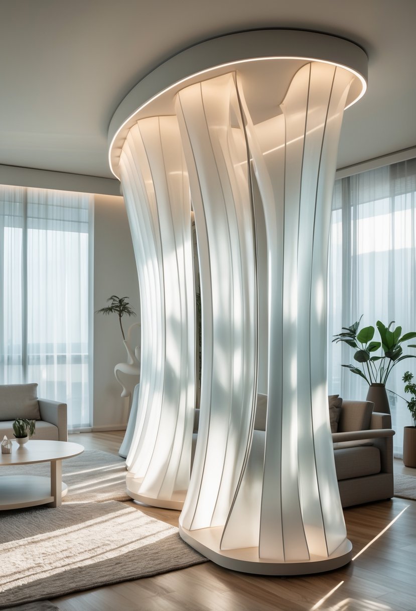 Surreal Living Room Styling Ideas: 21 Creative Ways to Transform Your Space 23 A living room with curved translucent room dividers separating seating areas, featuring modern furniture and natural light.