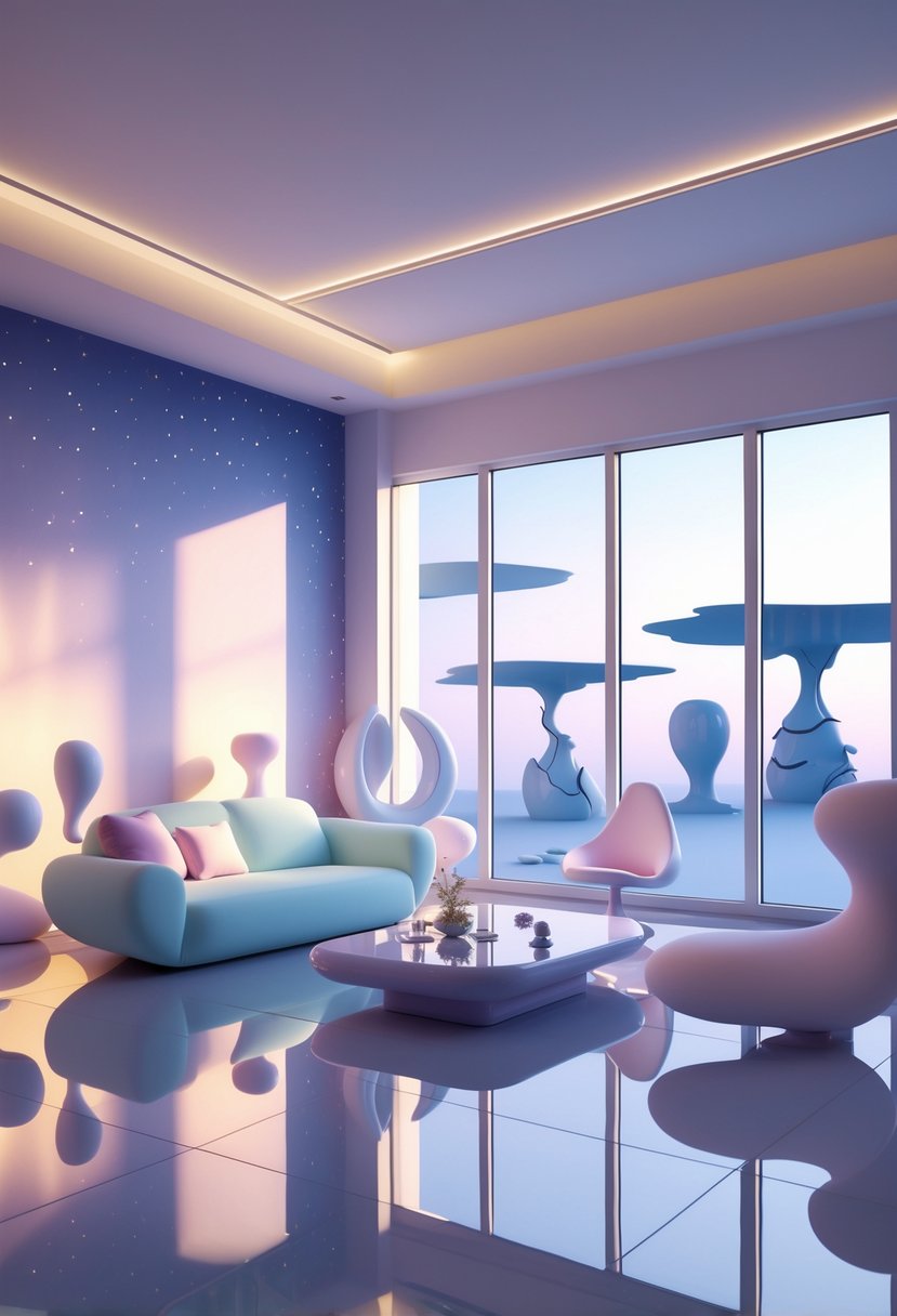 Surreal Living Room Styling Ideas: 21 Creative Ways to Transform Your Space 24 A living room with a floating sofa, melting coffee table, abstract sculptures, sky mural walls, reflective floor, and large windows showing an unusual landscape.