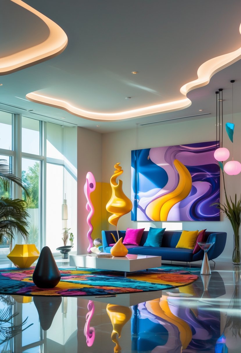 Surreal Living Room Styling Ideas: 21 Creative Ways to Transform Your Space 25 A spacious living room with modern furniture, colorful paintings, and artistic decor, illuminated by natural light from large windows.