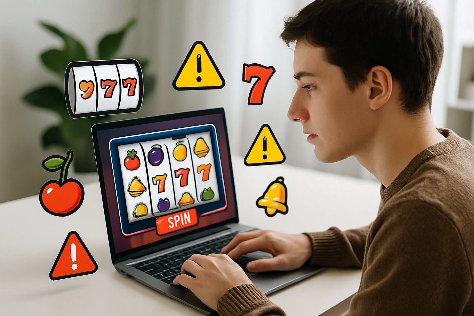 Seorang pemula sedang belajar cara kerja slot online di depan laptop dengan tampilan permainan slot dan simbol terkait di sekitarnya.