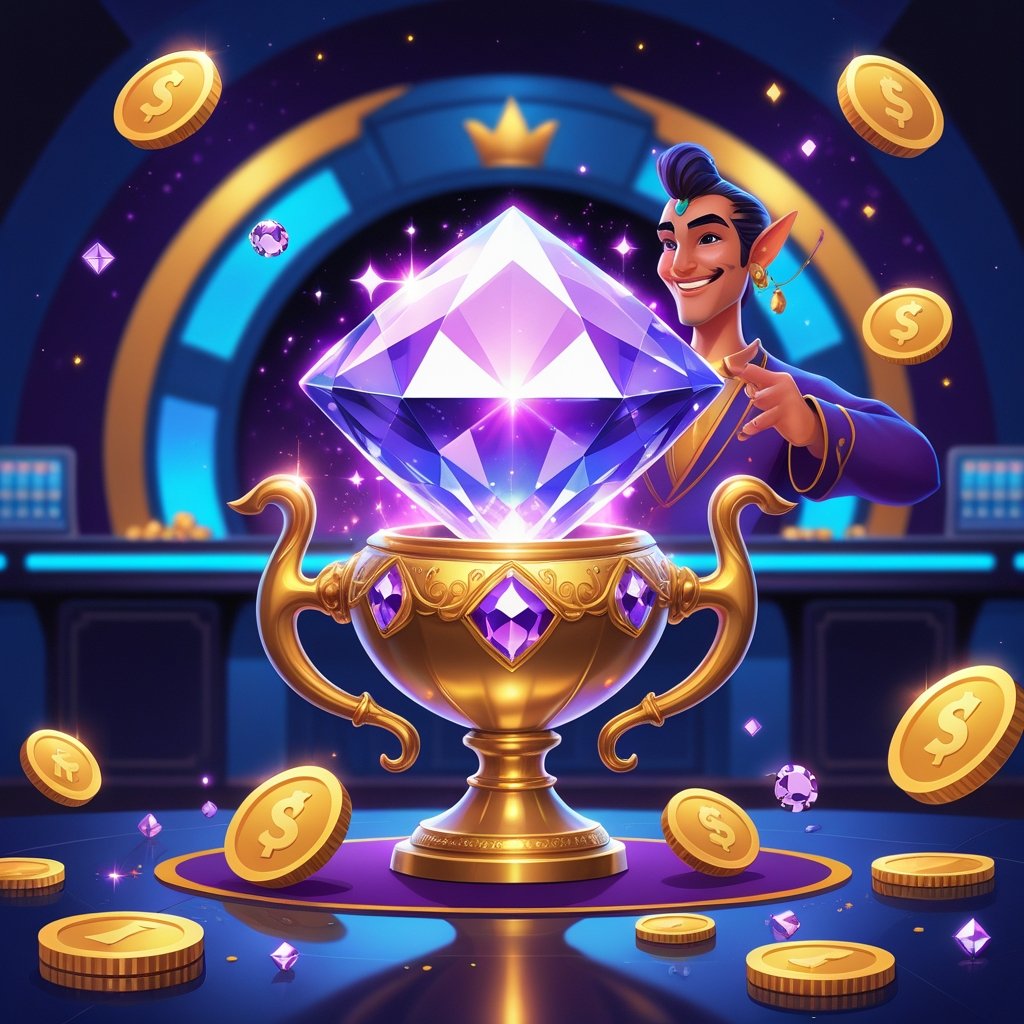 Ilustrasi seorang jin yang memegang batu permata bercahaya di depan meja bandar resmi dengan koin dan perhiasan berkilauan di sekitarnya.