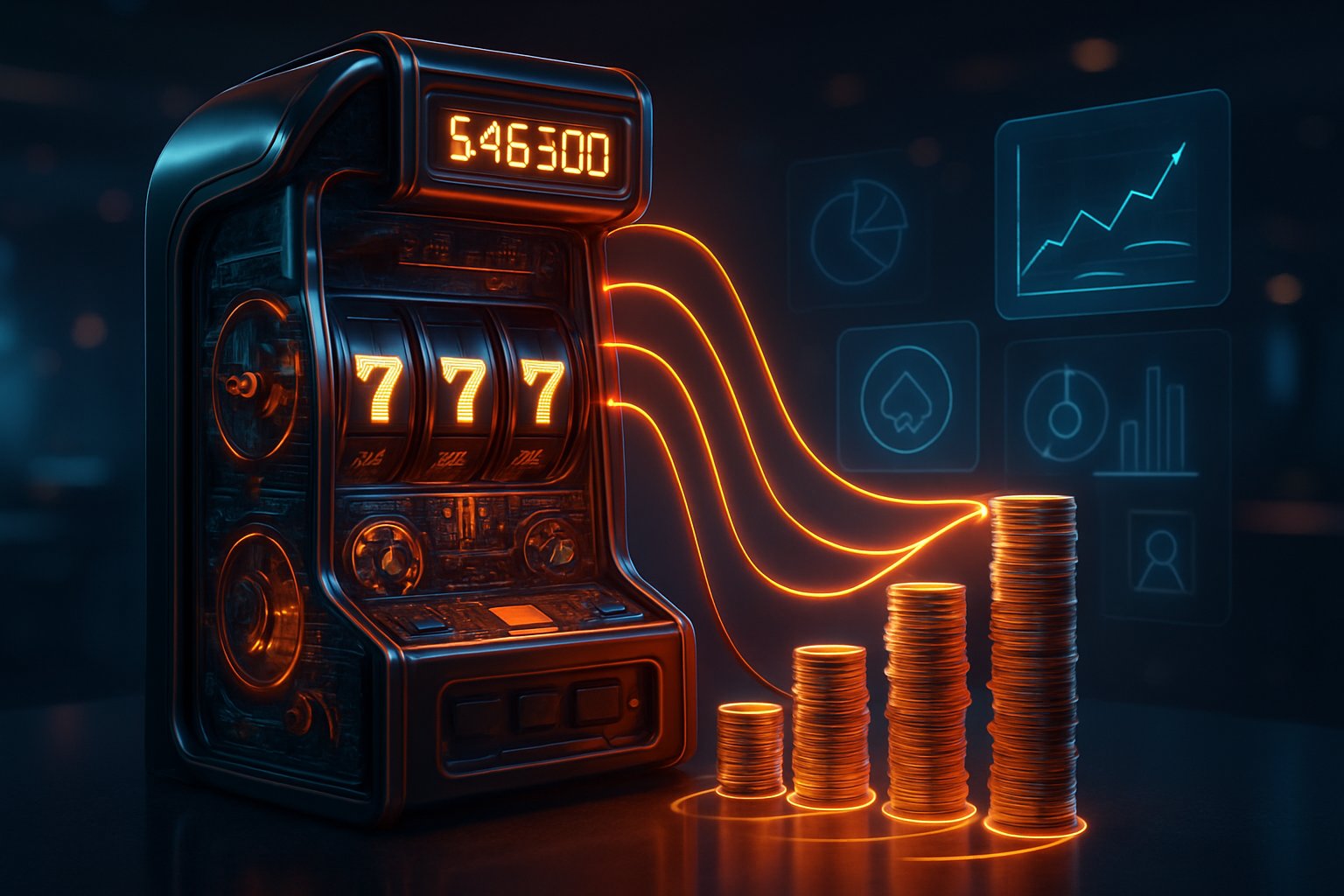 Gambaran mesin slot progresif dengan tumpukan koin dan grafik yang menunjukkan mekanisme dan peluang jackpot meningkat.
