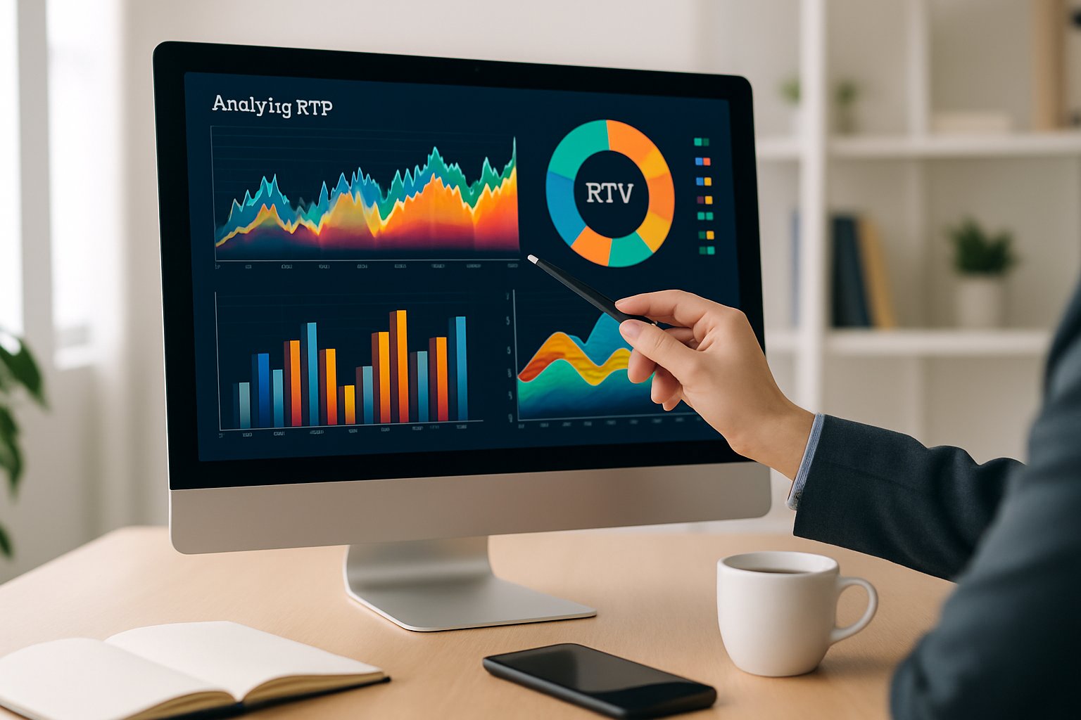 Seseorang sedang menganalisis data grafik di layar komputer di ruang kerja yang rapi dan profesional.
