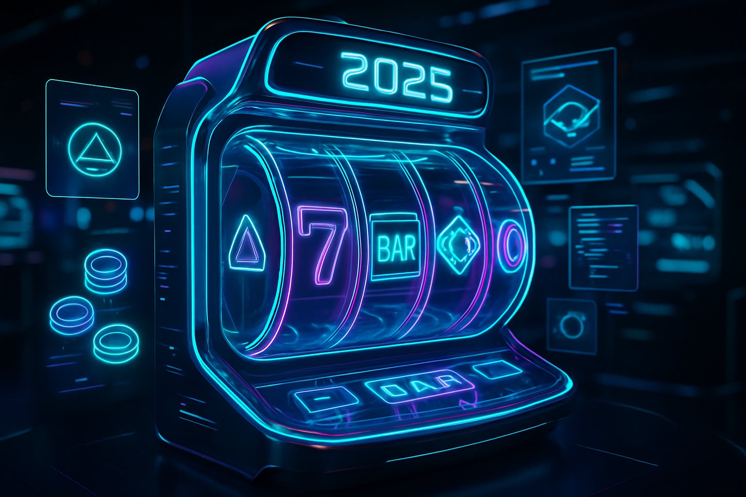Mesin slot futuristik dengan tampilan digital bercahaya dan hologram di lingkungan kasino modern.