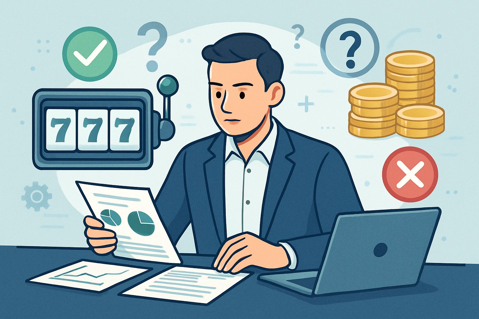 Seorang pria sedang duduk di meja dengan laptop dan kertas, menganalisis data tentang mesin slot dengan simbol mesin slot, koin, tanda tanya, centang, dan silang di sekitarnya.