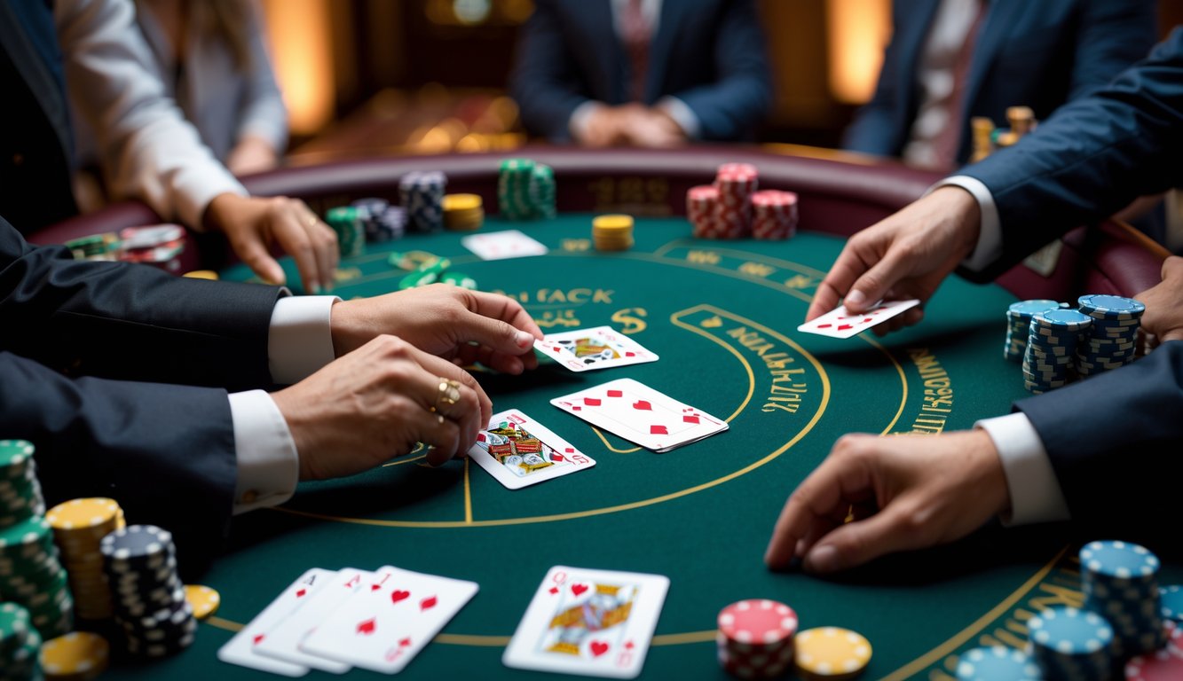 Meja blackjack kasino dengan dealer yang membagikan kartu kepada pemain, chip warna-warni di atas meja hijau, dan suasana hangat di sekitar meja.