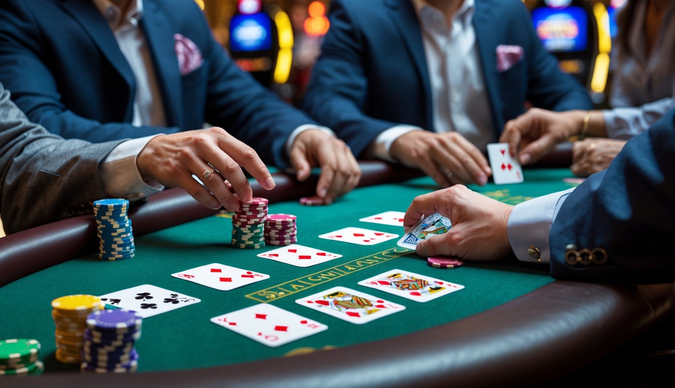 Meja blackjack di kasino dengan kartu dan chip taruhan, dealer membagikan kartu kepada pemain yang duduk mengelilingi meja.