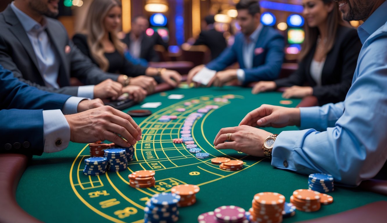 Meja blackjack kasino dengan kartu dan chip poker, pemain dan dealer sedang bermain.