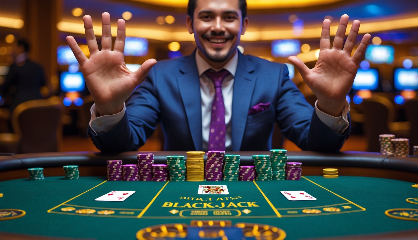 Seorang pemain berjudi blackjack merayakan kemenangan dengan senyum dan tangan terangkat di meja kasino.