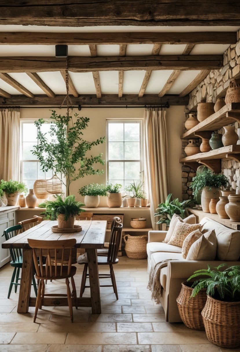 Eclectic Farmhouse Interior Design With Natural Textures: 22 Inspiring Ideas For Every Room 2 A cozy farmhouse interior with wooden beams, a rustic dining table, plants, and natural light coming through large windows.