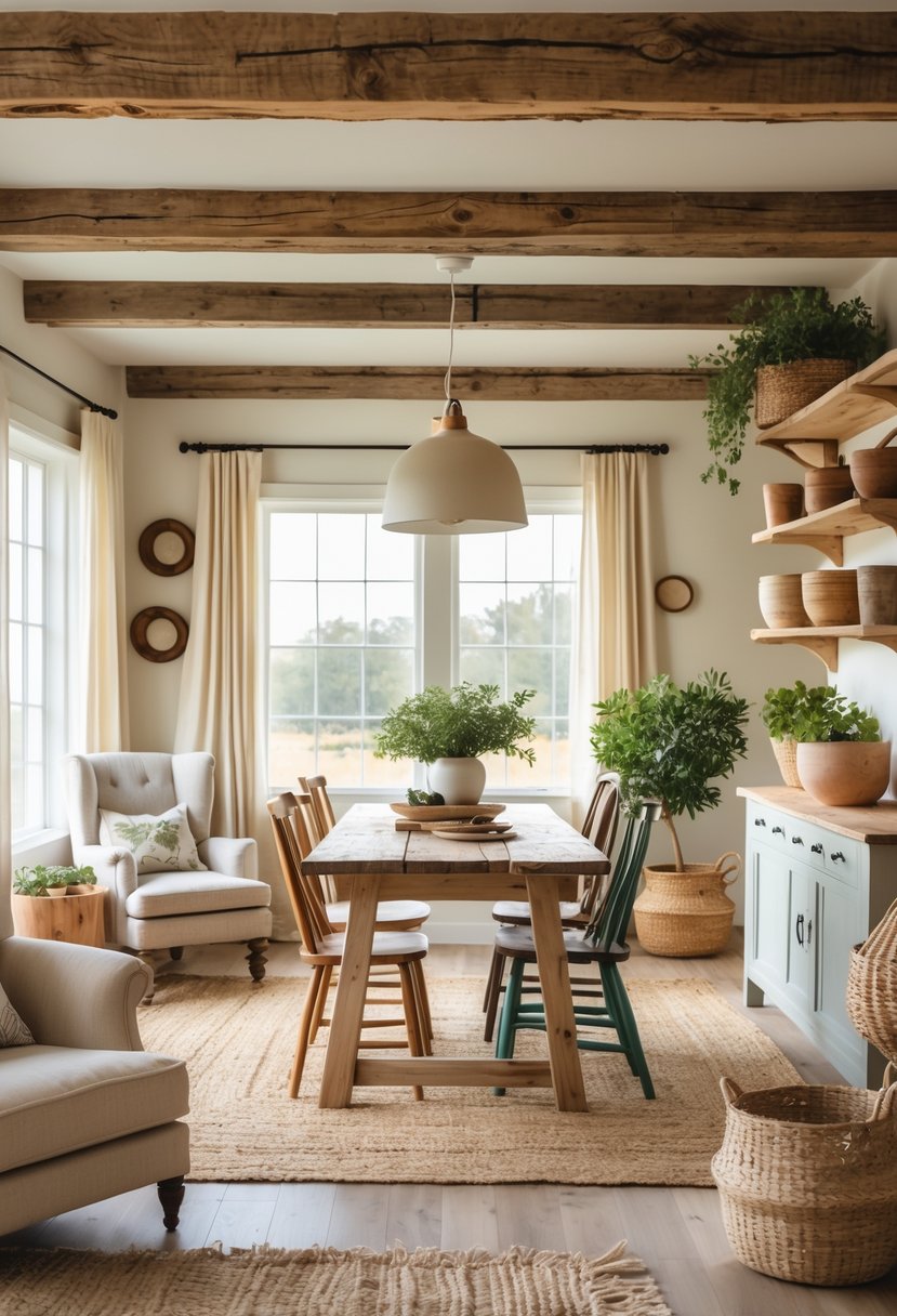 Eclectic Farmhouse Interior Design With Natural Textures: 22 Inspiring Ideas For Every Room 3 A bright room with wooden beams, a wooden dining table, comfortable chairs, plants, and natural light streaming through large windows.