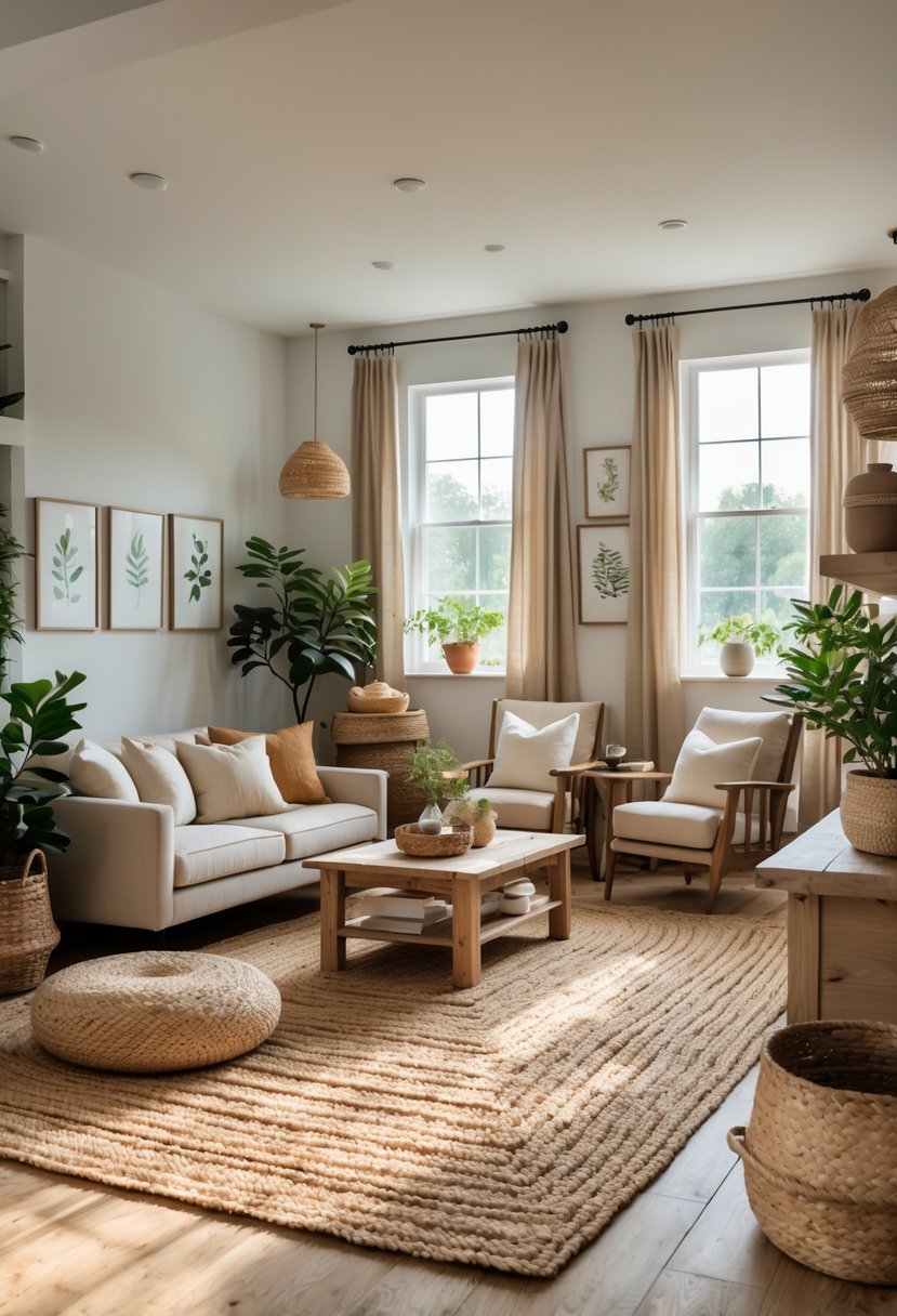 Eclectic Farmhouse Interior Design With Natural Textures: 22 Inspiring Ideas For Every Room 4 A bright living room with layered jute rugs on the floor, wooden furniture, plants, and comfortable seating.