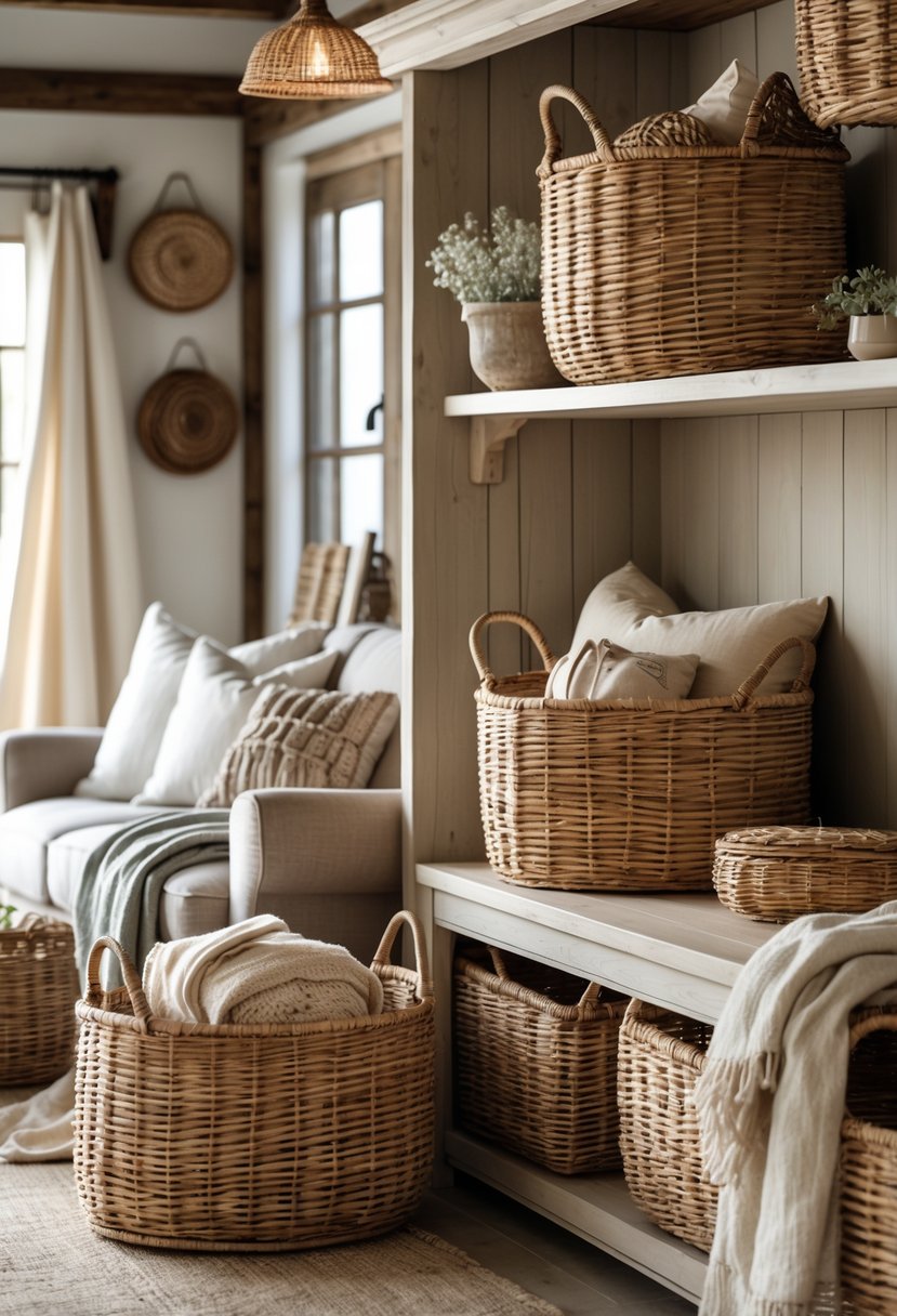 Eclectic Farmhouse Interior Design With Natural Textures: 22 Inspiring Ideas For Every Room 6 Interior room with woven wicker baskets used for storage, wooden furniture, and natural textured decor.