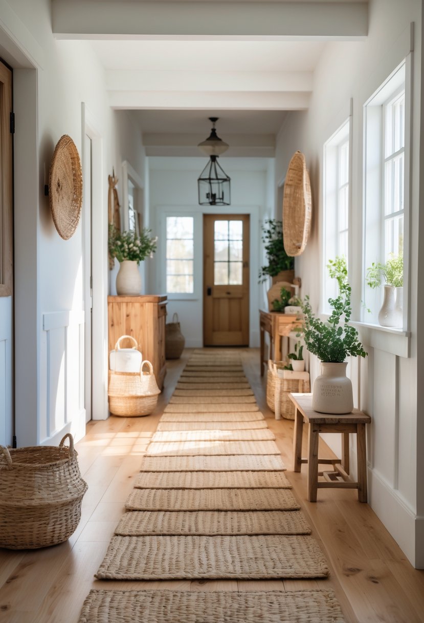 Eclectic Farmhouse Interior Design With Natural Textures: 22 Inspiring Ideas For Every Room 7 A hallway with layered sisal runners on a wooden floor, decorated with natural materials and plants.