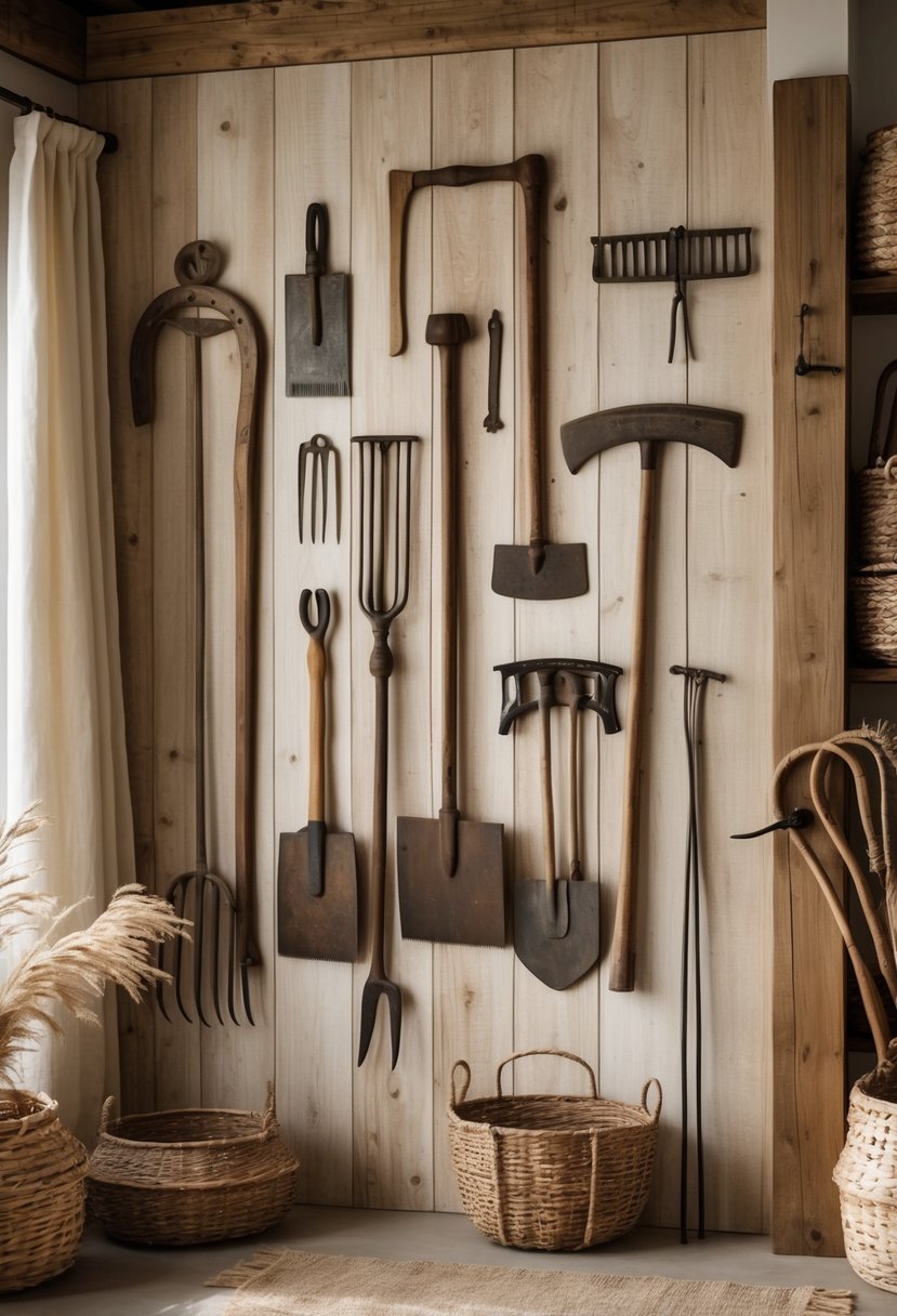 Eclectic Farmhouse Interior Design With Natural Textures: 22 Inspiring Ideas For Every Room 8 A wall decorated with various antique farmhouse tools mounted on natural wood panels in a cozy interior space.