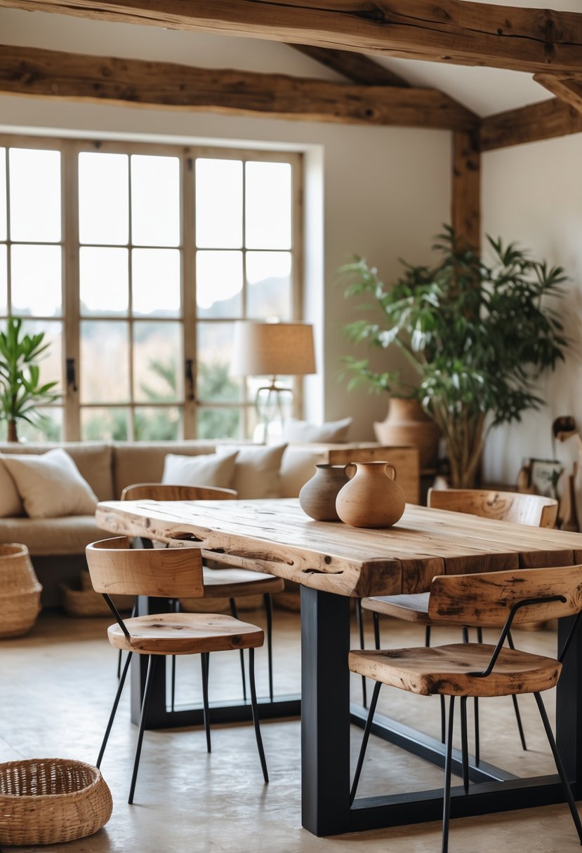 Eclectic Farmhouse Interior Design With Natural Textures: 22 Inspiring Ideas For Every Room 9 A room with distressed wooden furniture and modern metal accents illuminated by natural light, featuring woven baskets, cushions, and potted plants.