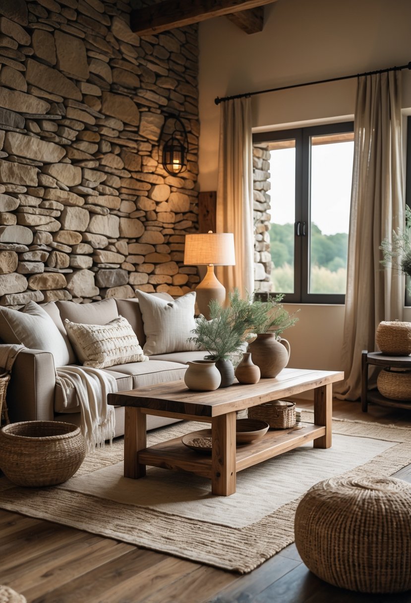 Eclectic Farmhouse Interior Design With Natural Textures: 22 Inspiring Ideas For Every Room 10 A cozy living room with stone walls, wooden furniture, and soft natural lighting.
