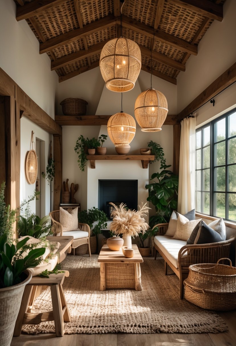 Eclectic Farmhouse Interior Design With Natural Textures: 22 Inspiring Ideas For Every Room 11 A warm and inviting interior room with rattan light fixtures, wooden beams, woven baskets, and natural light coming through large windows.