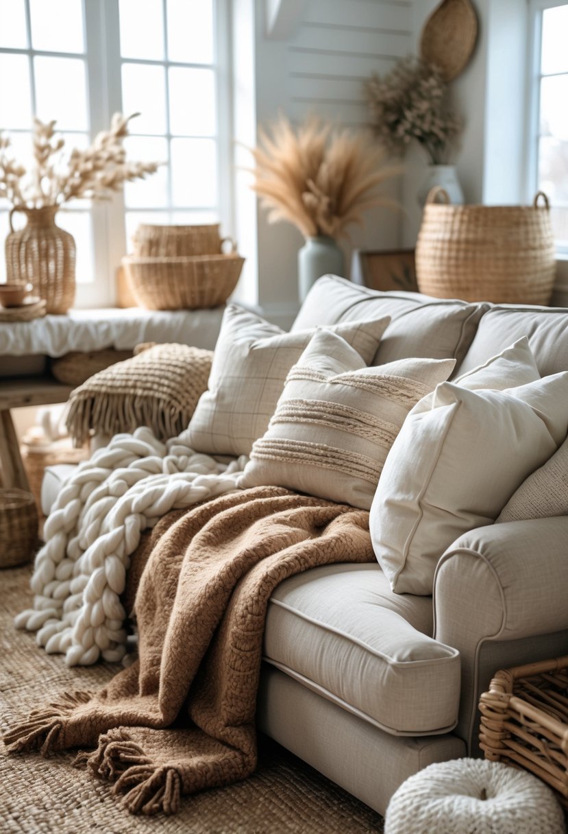 Eclectic Farmhouse Interior Design With Natural Textures: 22 Inspiring Ideas For Every Room 12 A cozy living room with a sofa covered in wool throws and cotton cushions, surrounded by wooden furniture and natural decor.