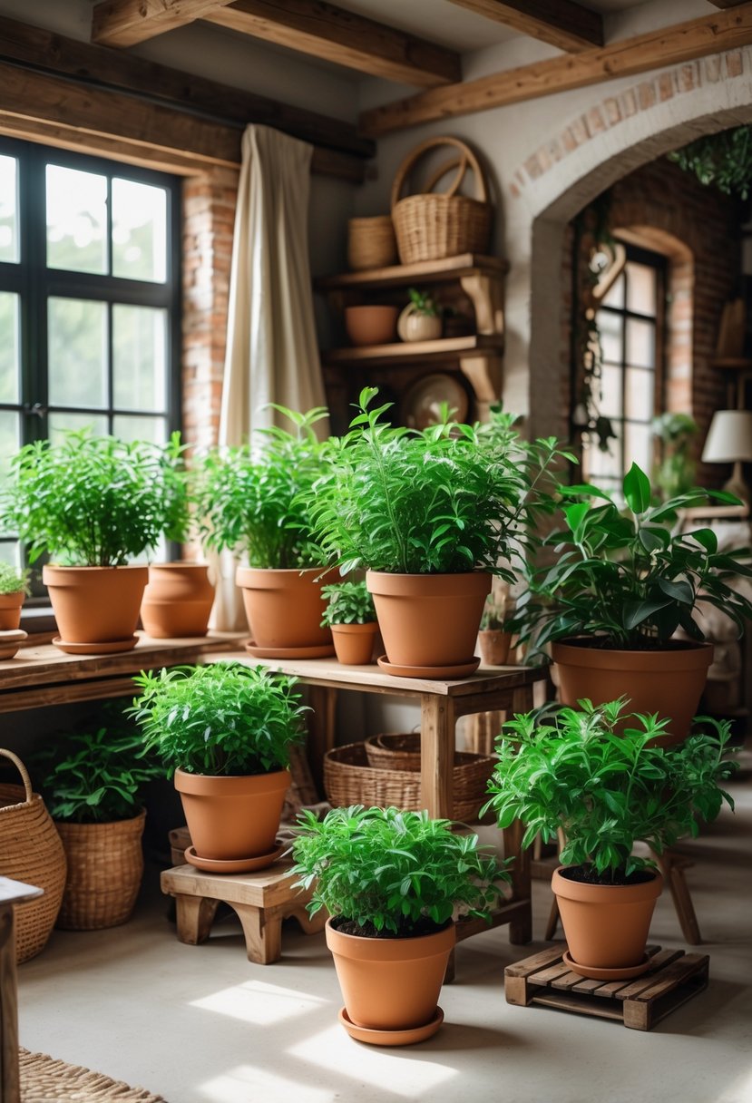 Eclectic Farmhouse Interior Design With Natural Textures: 22 Inspiring Ideas For Every Room 13 Interior room with various green plants in terracotta pots placed on wooden shelves and tables, surrounded by natural materials and rustic furniture.