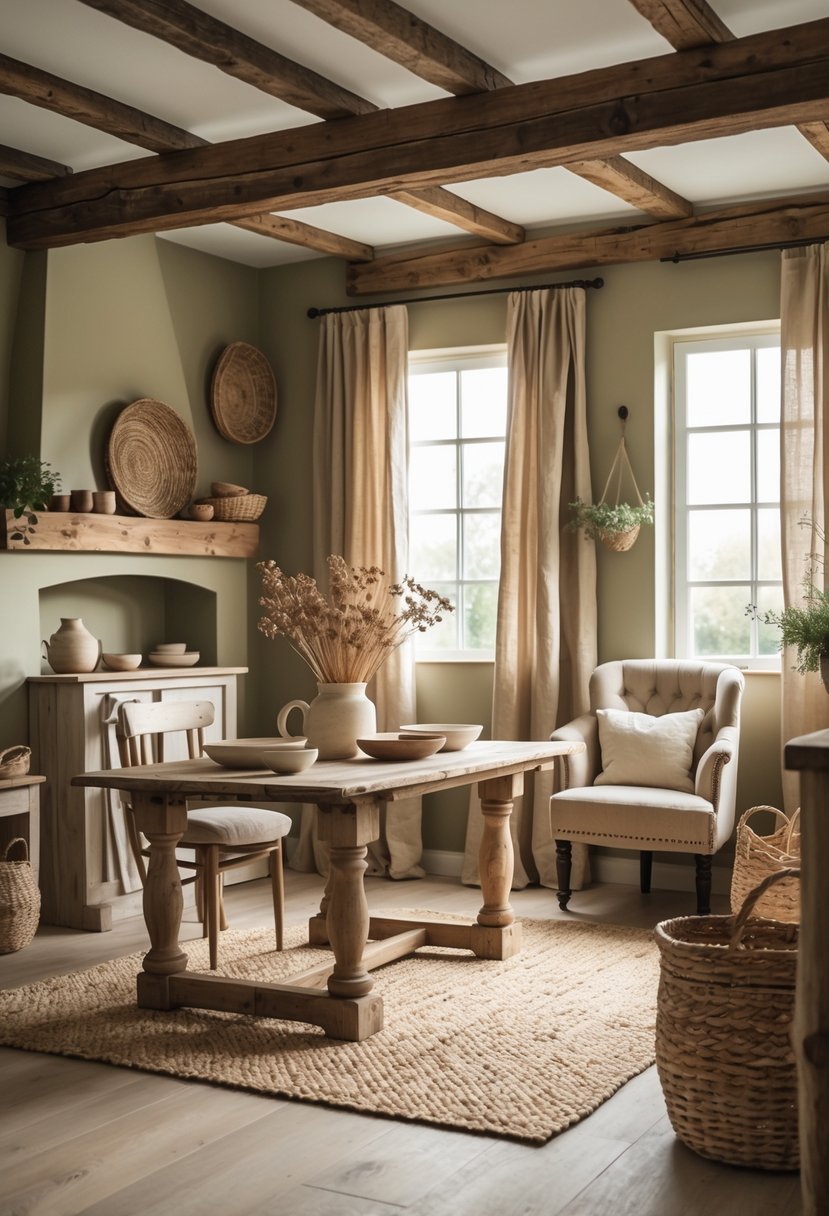 Eclectic Farmhouse Interior Design With Natural Textures: 22 Inspiring Ideas For Every Room 14 A cozy farmhouse interior with wooden furniture, woven baskets, and natural light coming through large windows.