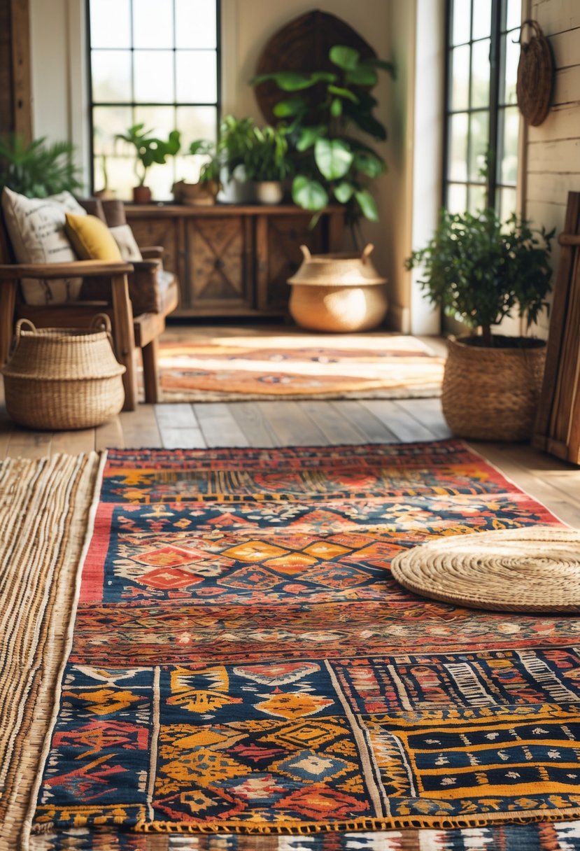 Eclectic Farmhouse Interior Design With Natural Textures: 22 Inspiring Ideas For Every Room 15 A cozy interior floor layered with colorful patterned rugs and natural fiber mats, with rustic wooden furniture and plants nearby.
