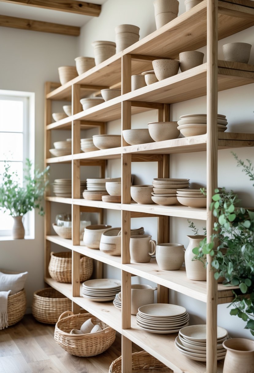 Eclectic Farmhouse Interior Design With Natural Textures: 22 Inspiring Ideas For Every Room 16 Open wooden shelves displaying ceramic dishes, woven baskets, and plants in a warmly lit room.
