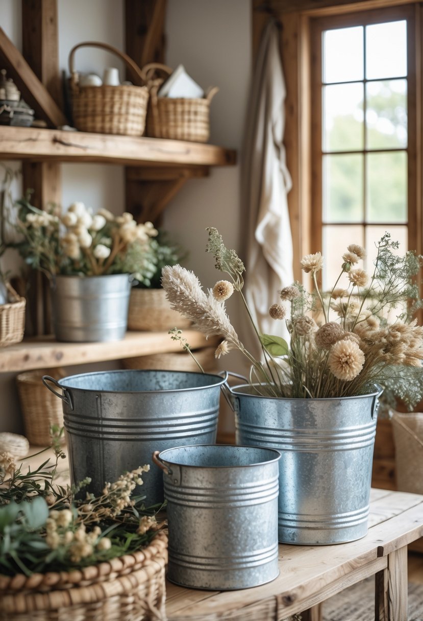 Eclectic Farmhouse Interior Design With Natural Textures: 22 Inspiring Ideas For Every Room 17 A cozy living space with galvanized metal buckets used as decor, wooden furniture, woven baskets, and natural light coming through large windows.