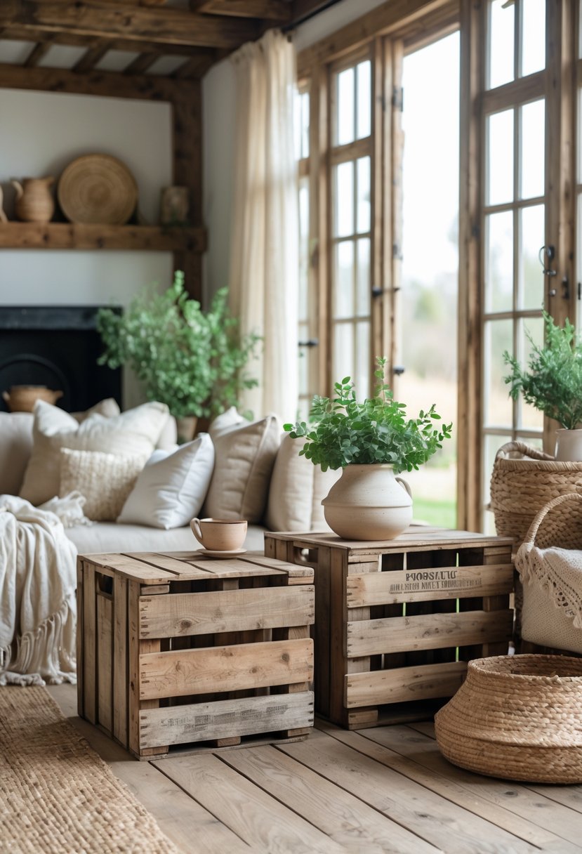 Eclectic Farmhouse Interior Design With Natural Textures: 22 Inspiring Ideas For Every Room 18 A cozy living room with vintage wooden crates used as side tables surrounded by natural textures and soft lighting.