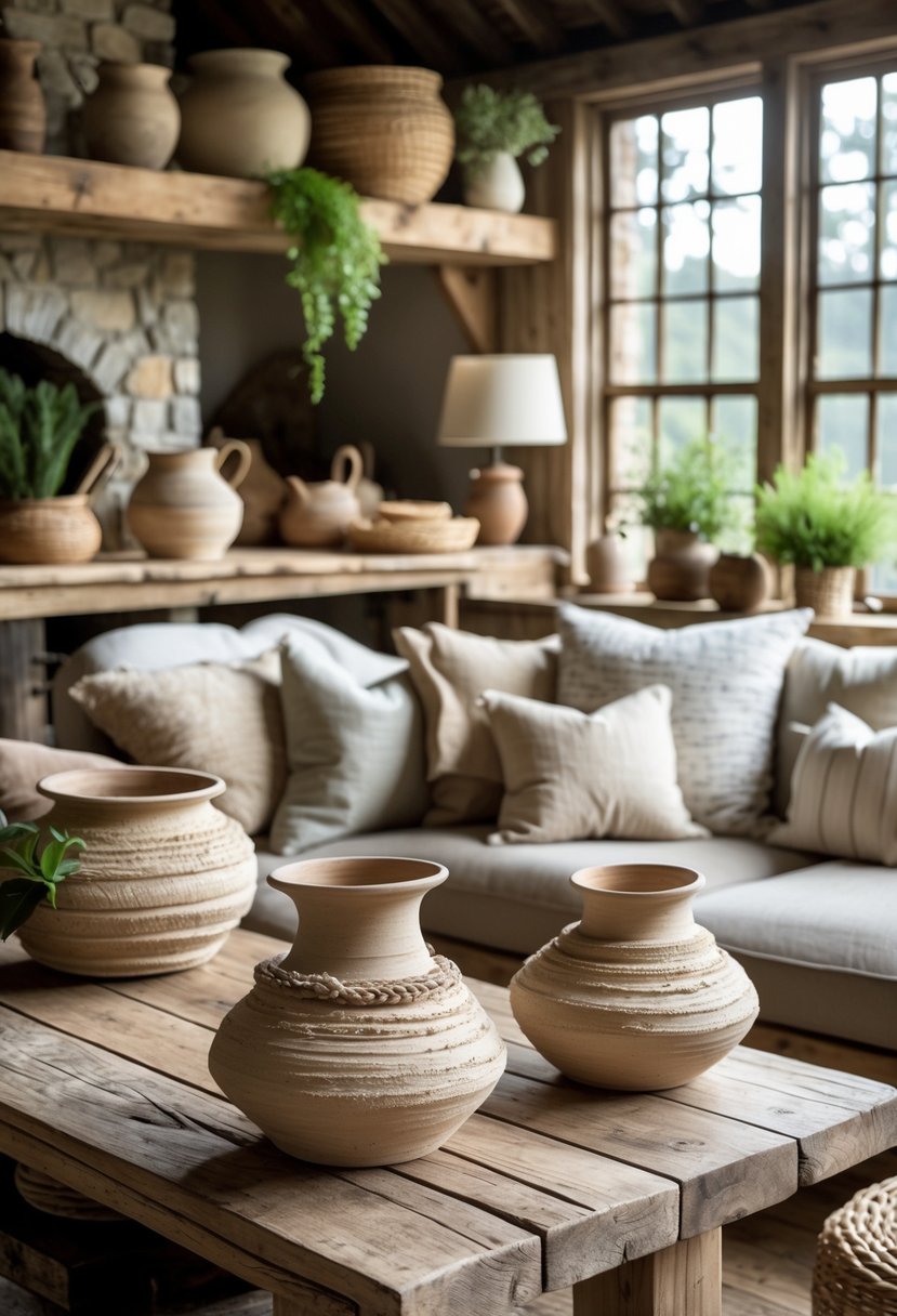 Eclectic Farmhouse Interior Design With Natural Textures: 22 Inspiring Ideas For Every Room 19 A cozy living room with handmade pottery on wooden shelves, natural light, woven baskets, and comfortable seating.