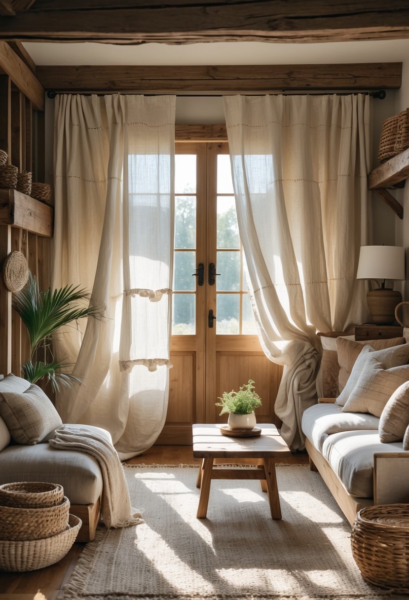 Eclectic Farmhouse Interior Design With Natural Textures: 22 Inspiring Ideas For Every Room 20 Sunlit interior with linen curtains by a large window, wooden furniture, woven baskets, and natural textured decor creating a warm and inviting space.