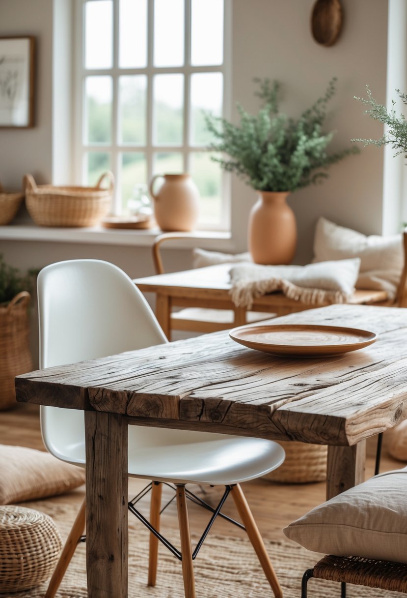 Eclectic Farmhouse Interior Design With Natural Textures: 22 Inspiring Ideas For Every Room 21 A dining area with wooden tables and chairs, natural light, and various decorative items on and around the furniture.