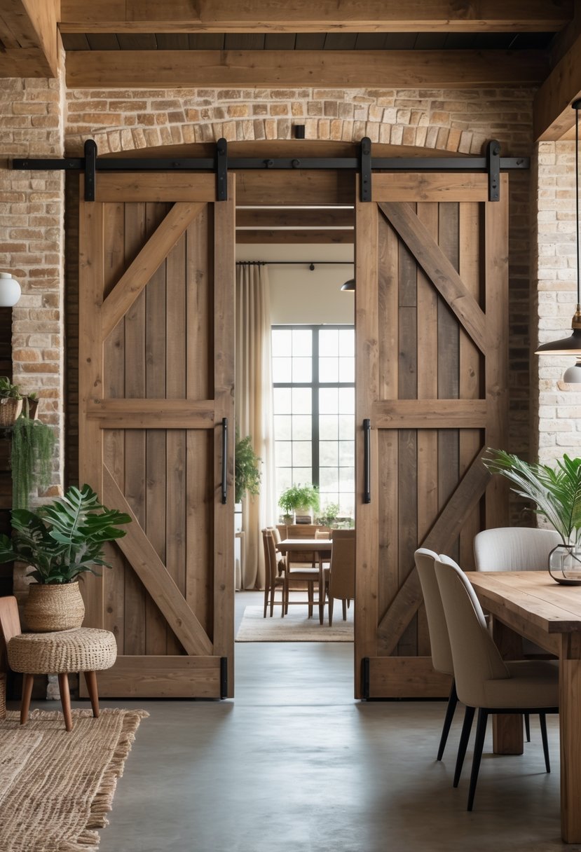Eclectic Farmhouse Interior Design With Natural Textures: 22 Inspiring Ideas For Every Room 22 A spacious room with rustic wooden barn door sliders on a large doorway, surrounded by natural materials and warm furniture.