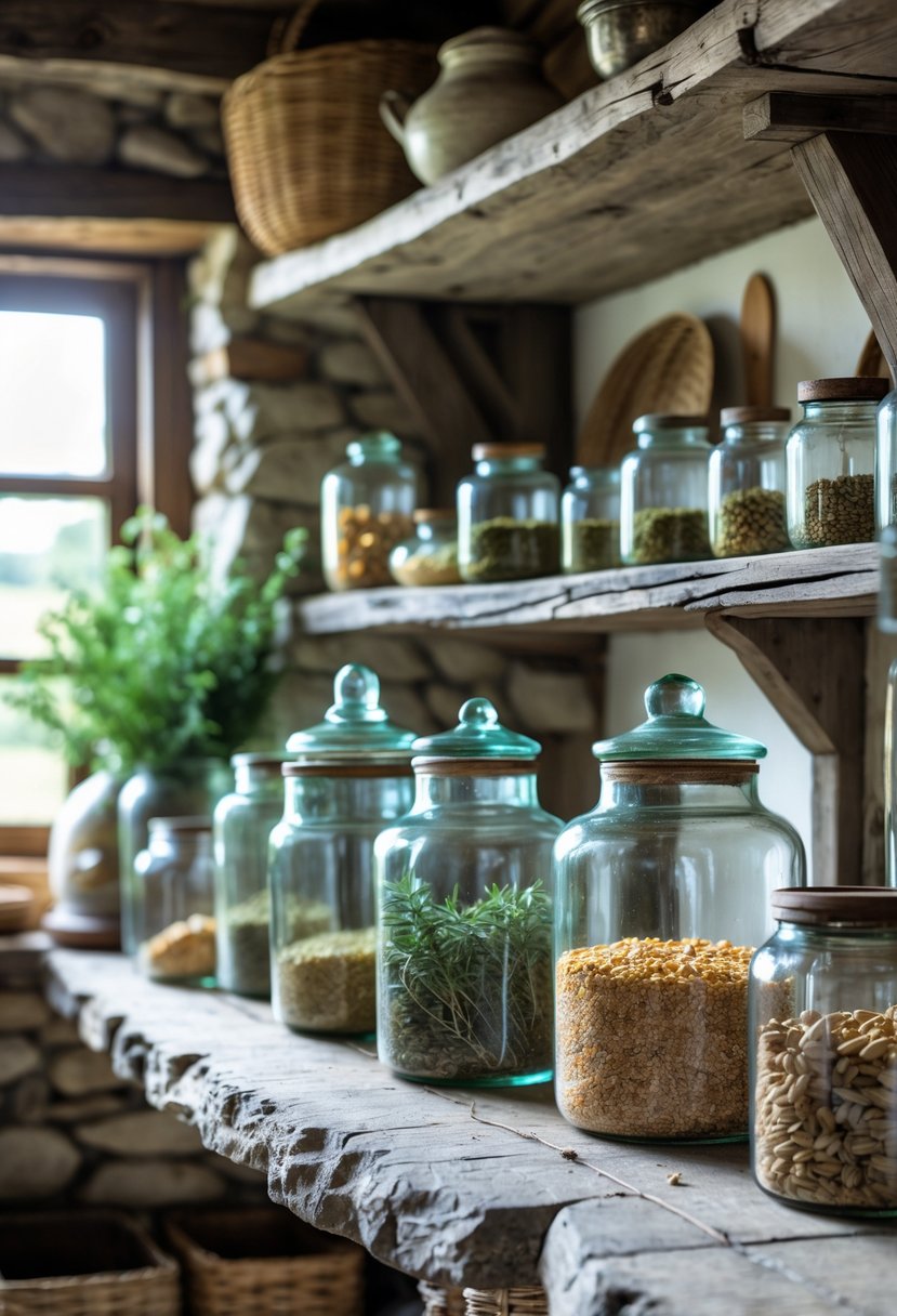 Eclectic Farmhouse Interior Design With Natural Textures: 22 Inspiring Ideas For Every Room 23 A collection of old glass jars displayed on wooden shelves with natural light illuminating the rustic interior.