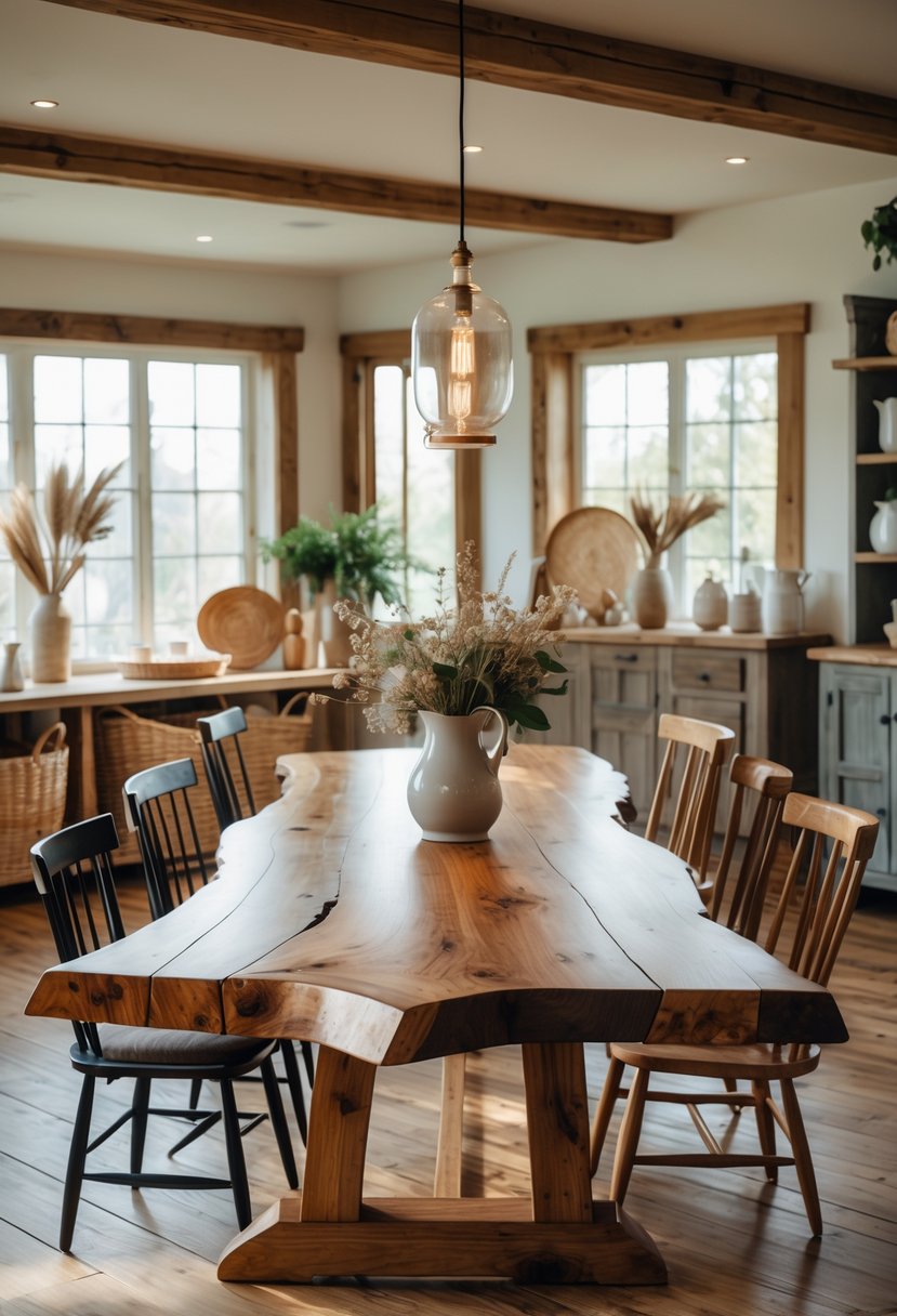 Eclectic Farmhouse Interior Design With Natural Textures: 22 Inspiring Ideas For Every Room 24 A large wooden dining table with a live edge surrounded by chairs in a bright room with natural light and rustic decor.