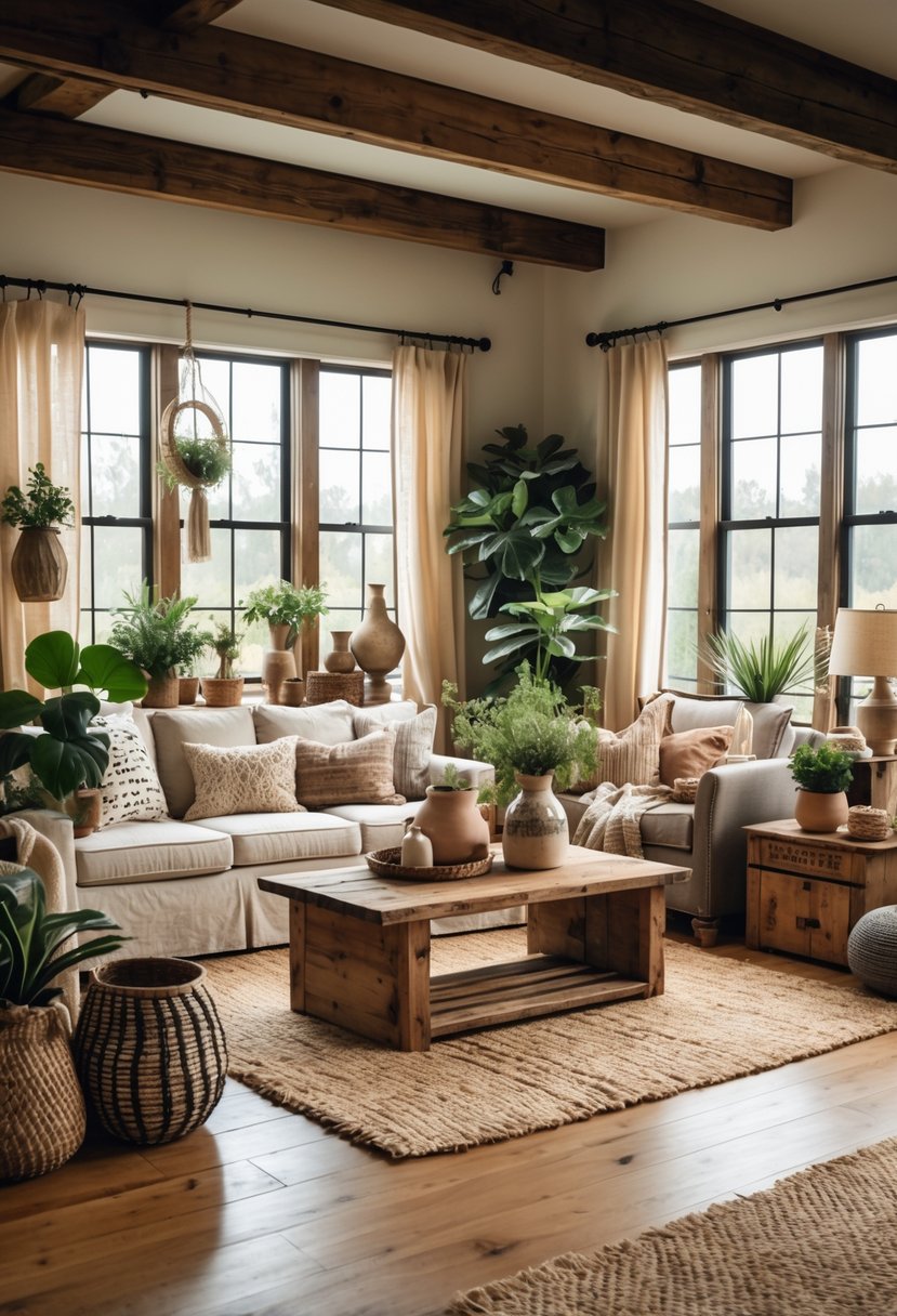 Eclectic Farmhouse Interior Design With Natural Textures: 22 Inspiring Ideas For Every Room 25 A cozy living room with wooden beams, a sofa with patterned cushions, a wooden coffee table, plants, and natural light coming through large windows.