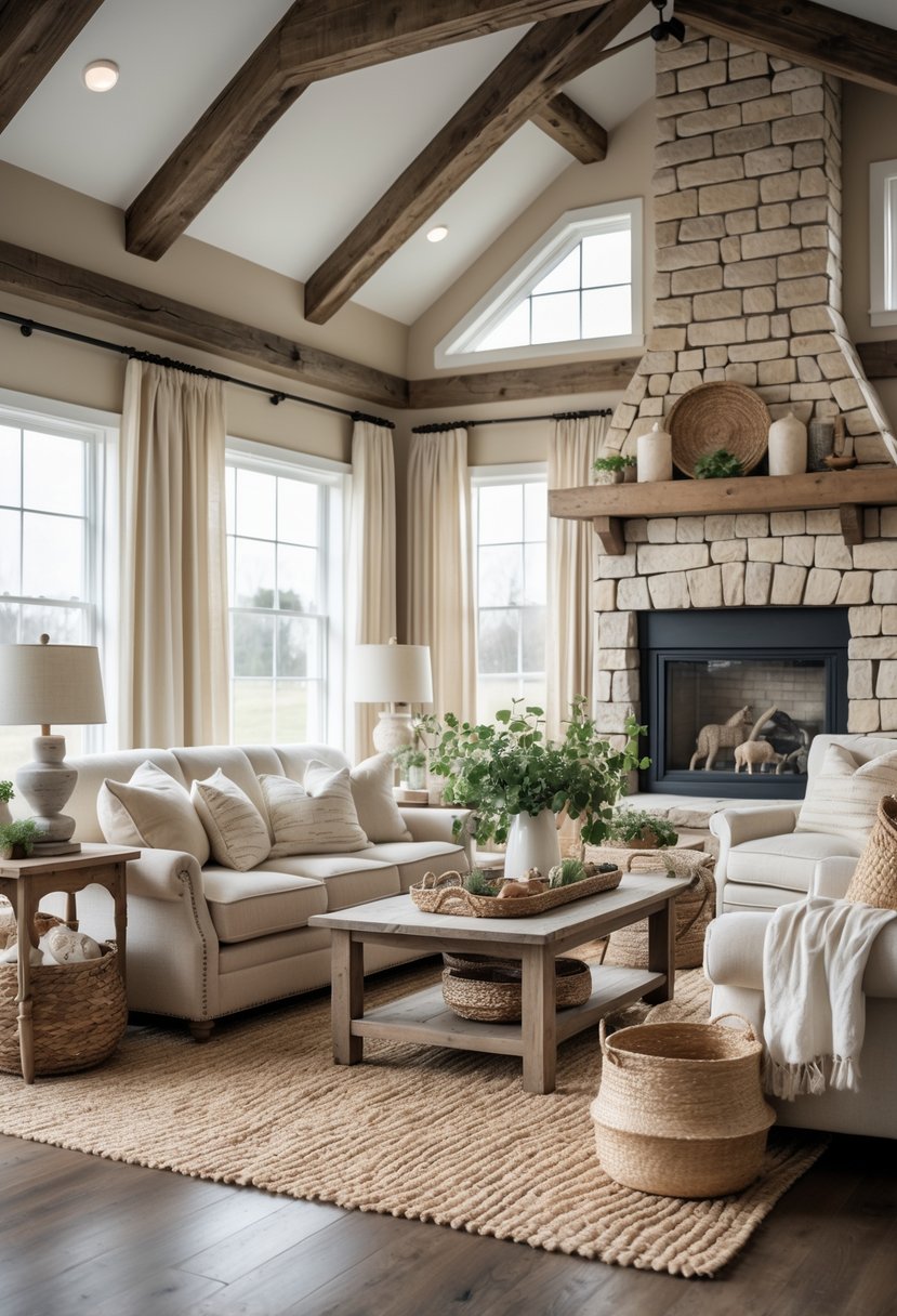 Eclectic Farmhouse Interior Design With Natural Textures: 22 Inspiring Ideas For Every Room 26 A bright living room with wooden beams, a stone fireplace, woven baskets, and comfortable chairs with cushions.