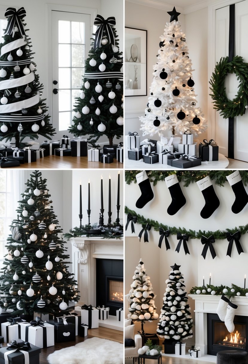 A cozy room decorated with various black and white Christmas decorations including trees, wreaths, candles, stockings, and gift boxes.