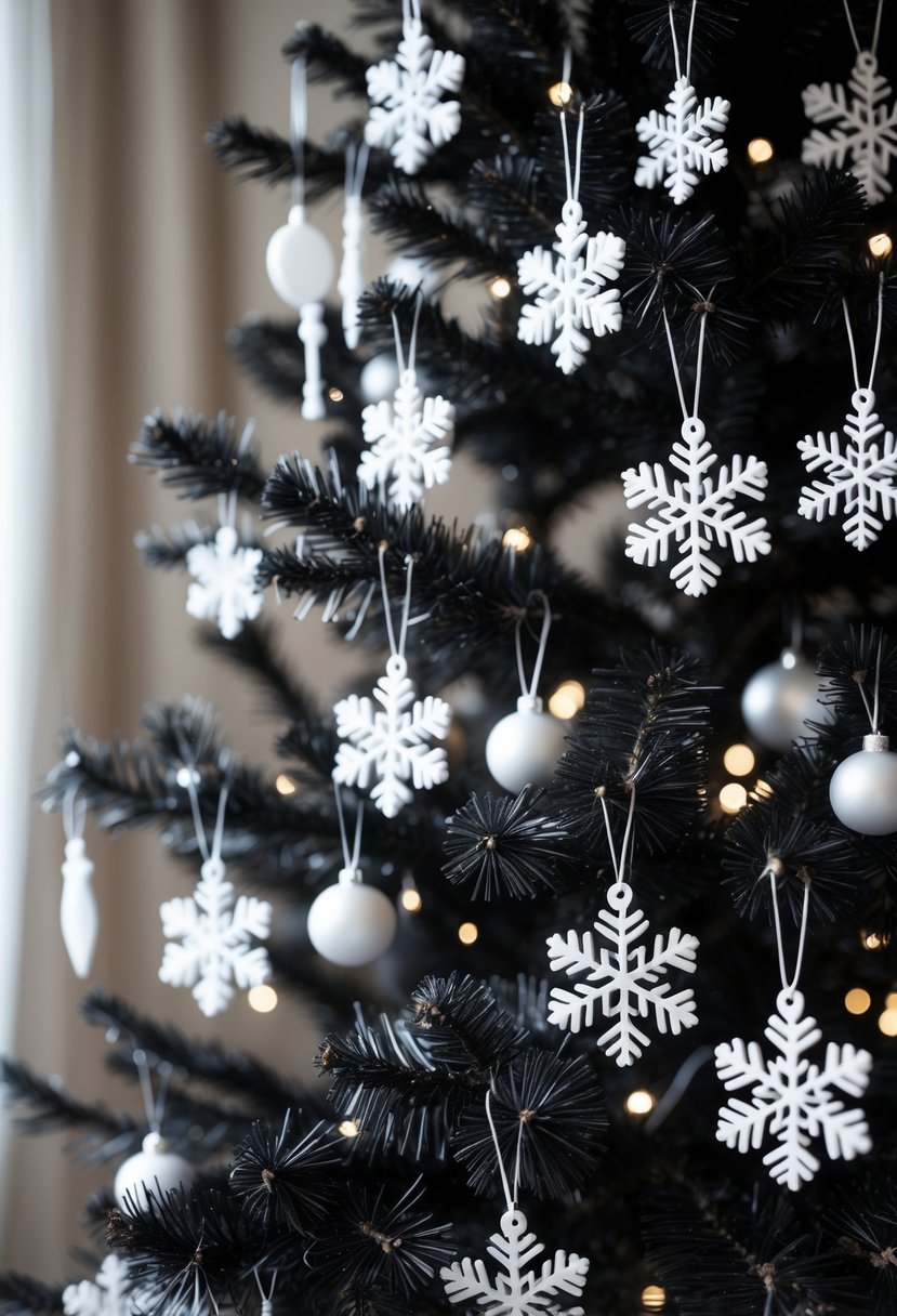 A black Christmas tree decorated with white snowflake ornaments against a blurred neutral background.