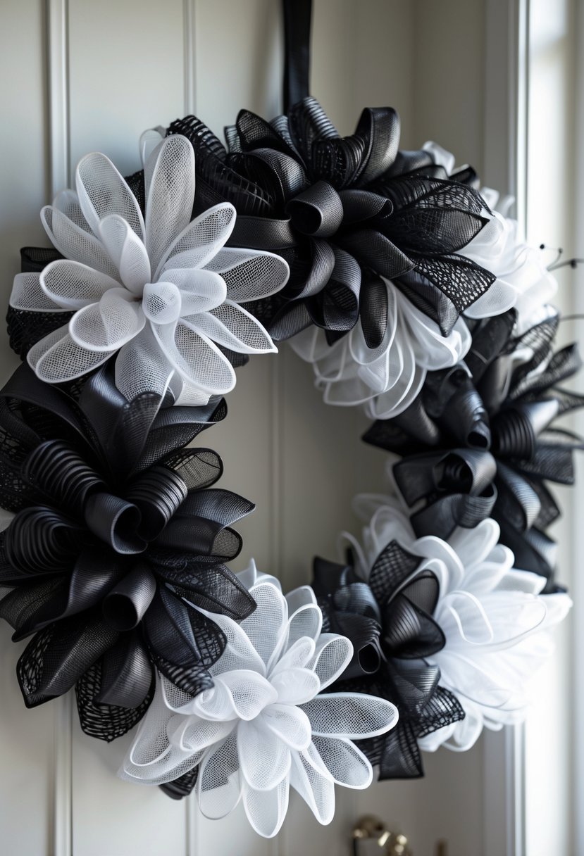 A black and white Christmas wreath made from layered deco mesh hanging against a plain background.