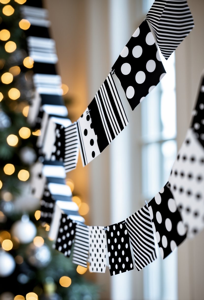 A black and white paper garland with alternating patterns hanging against a softly lit background with Christmas decorations.