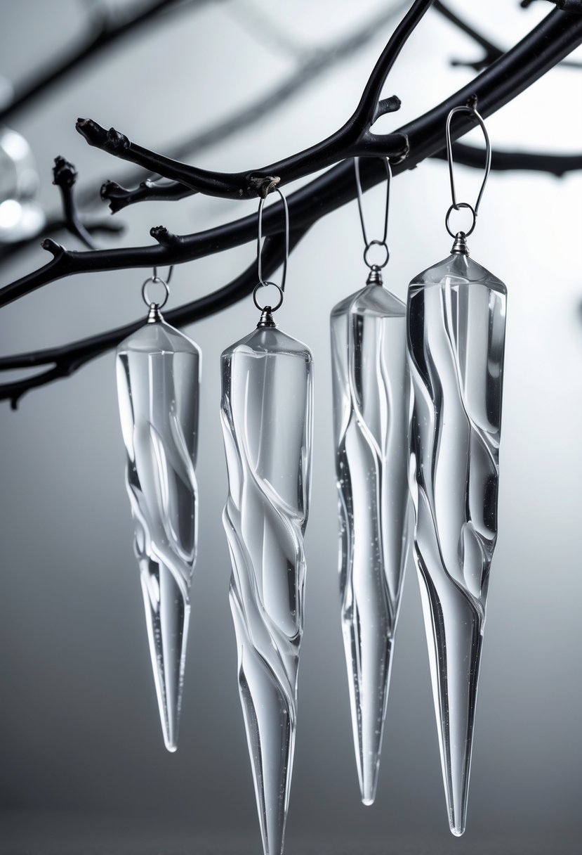 White icicle ornaments hanging on black branches against a blurred background.