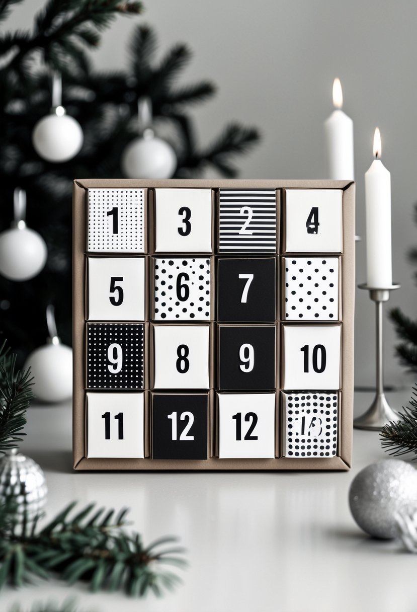 A black and white cardboard advent calendar with 15 numbered compartments displayed on a clean surface with Christmas decorations in the background.