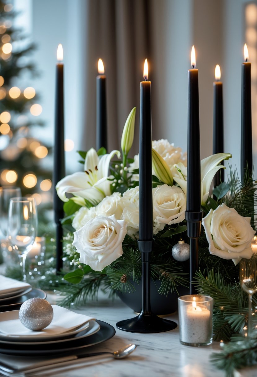 A table centerpiece with black candles and white flowers arranged together on a dining table.
