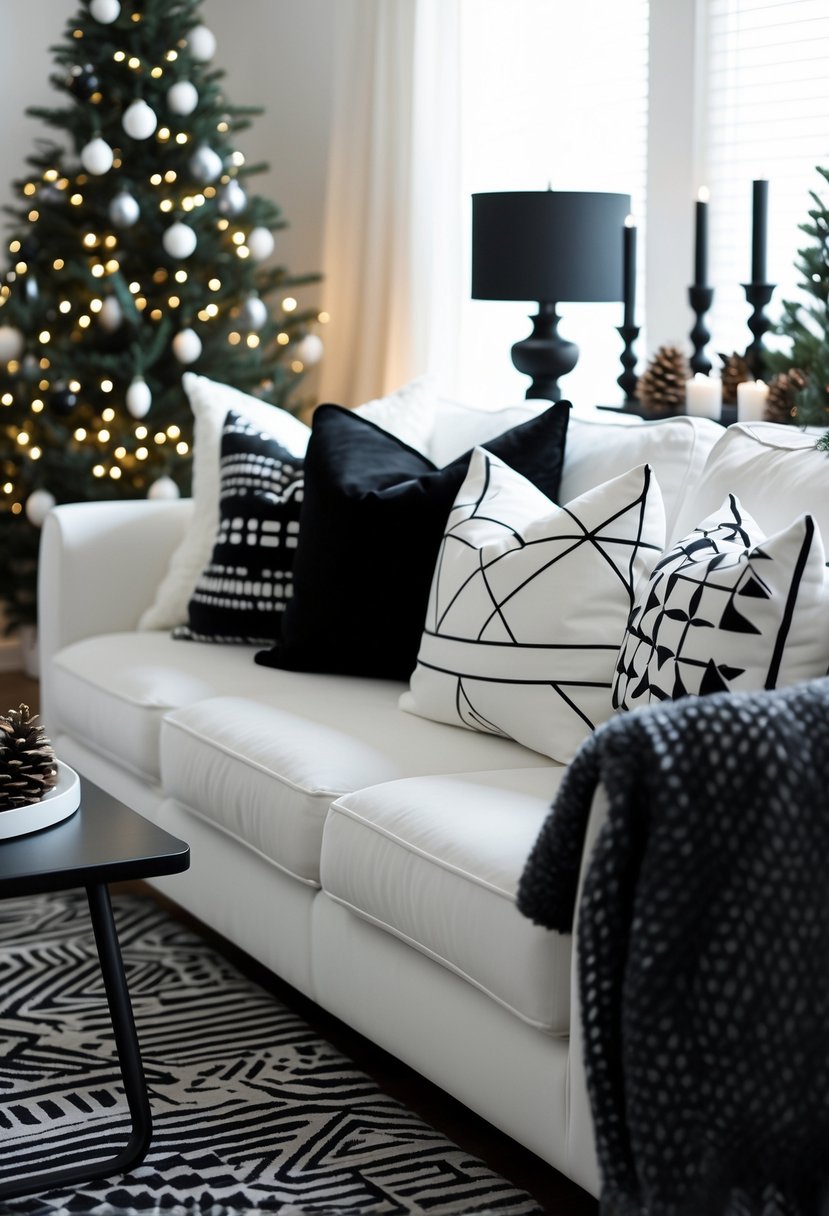 A white sofa with white throw pillows featuring black geometric patterns, surrounded by black and white Christmas decorations in a living room.