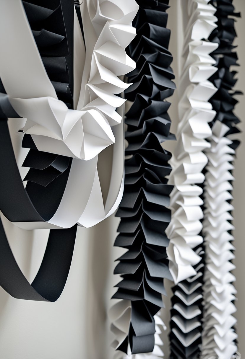 Layered black and white paper garlands hanging against a plain background.