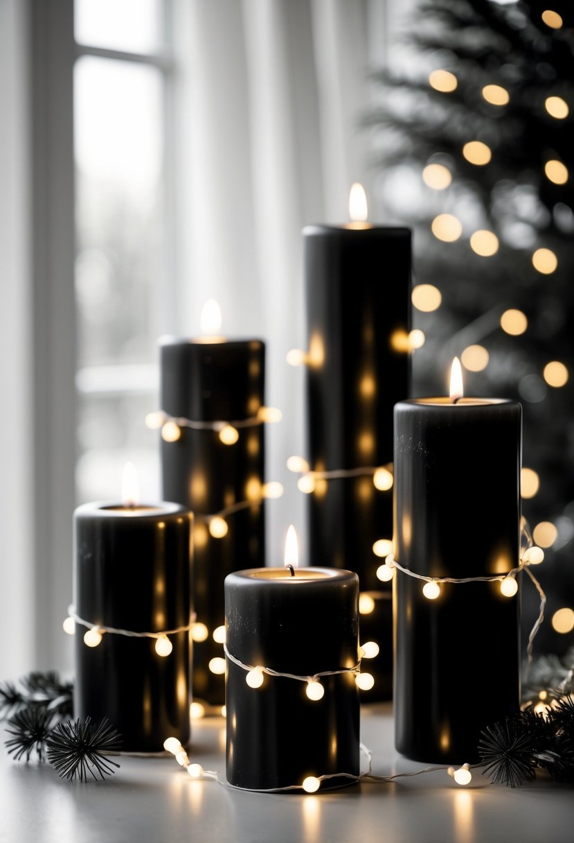 Black pillar candles wrapped with white fairy lights glowing softly against a blurred background.