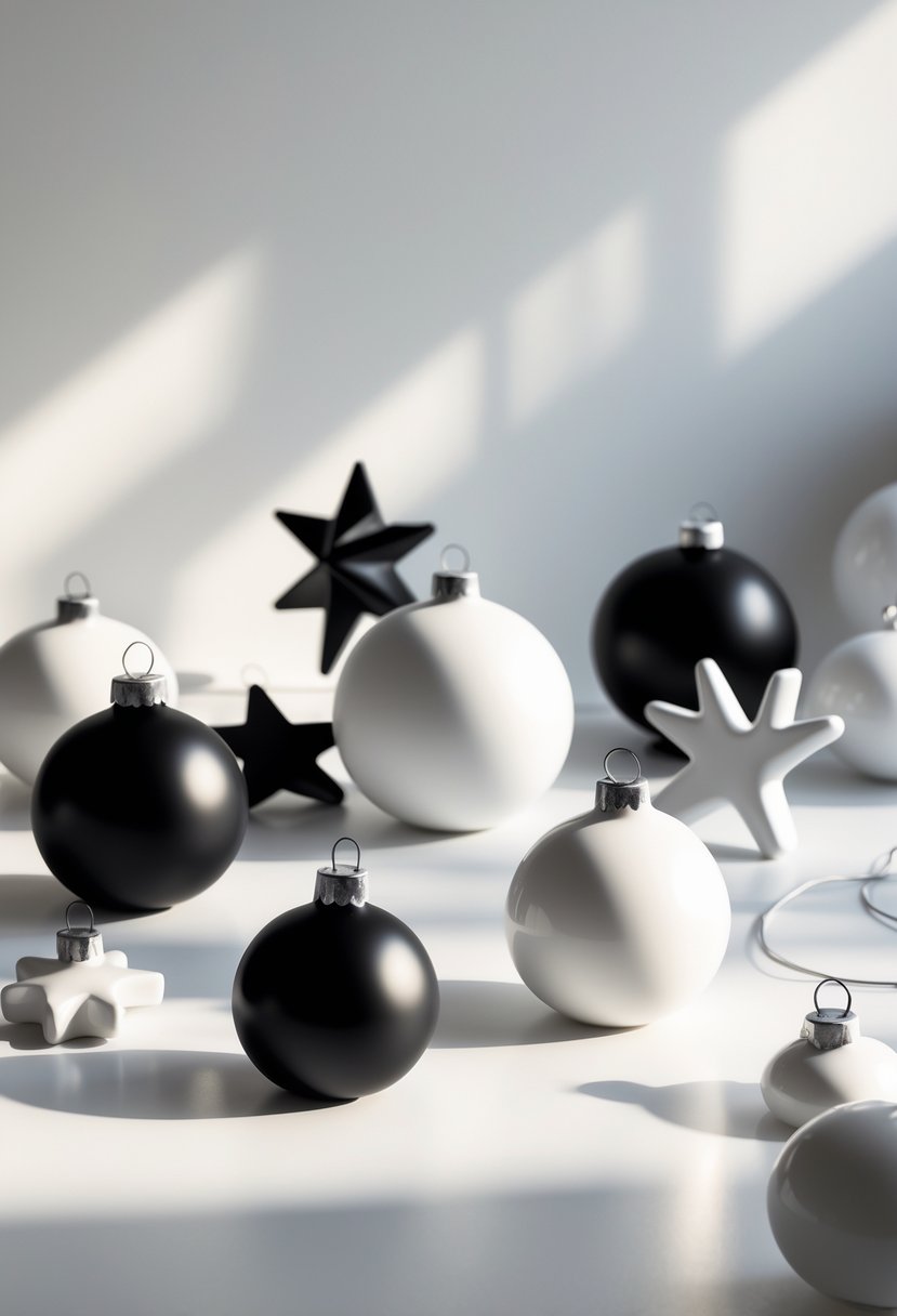 A collection of black and white ceramic Christmas ornaments arranged on a white surface.