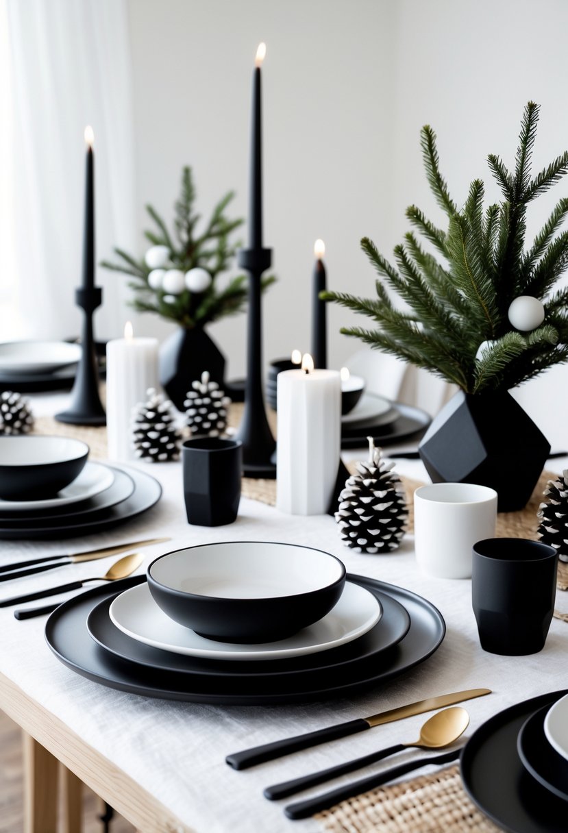 A dining table set for Christmas with black and white dishes, candles, pine cones, and evergreen branches arranged neatly.