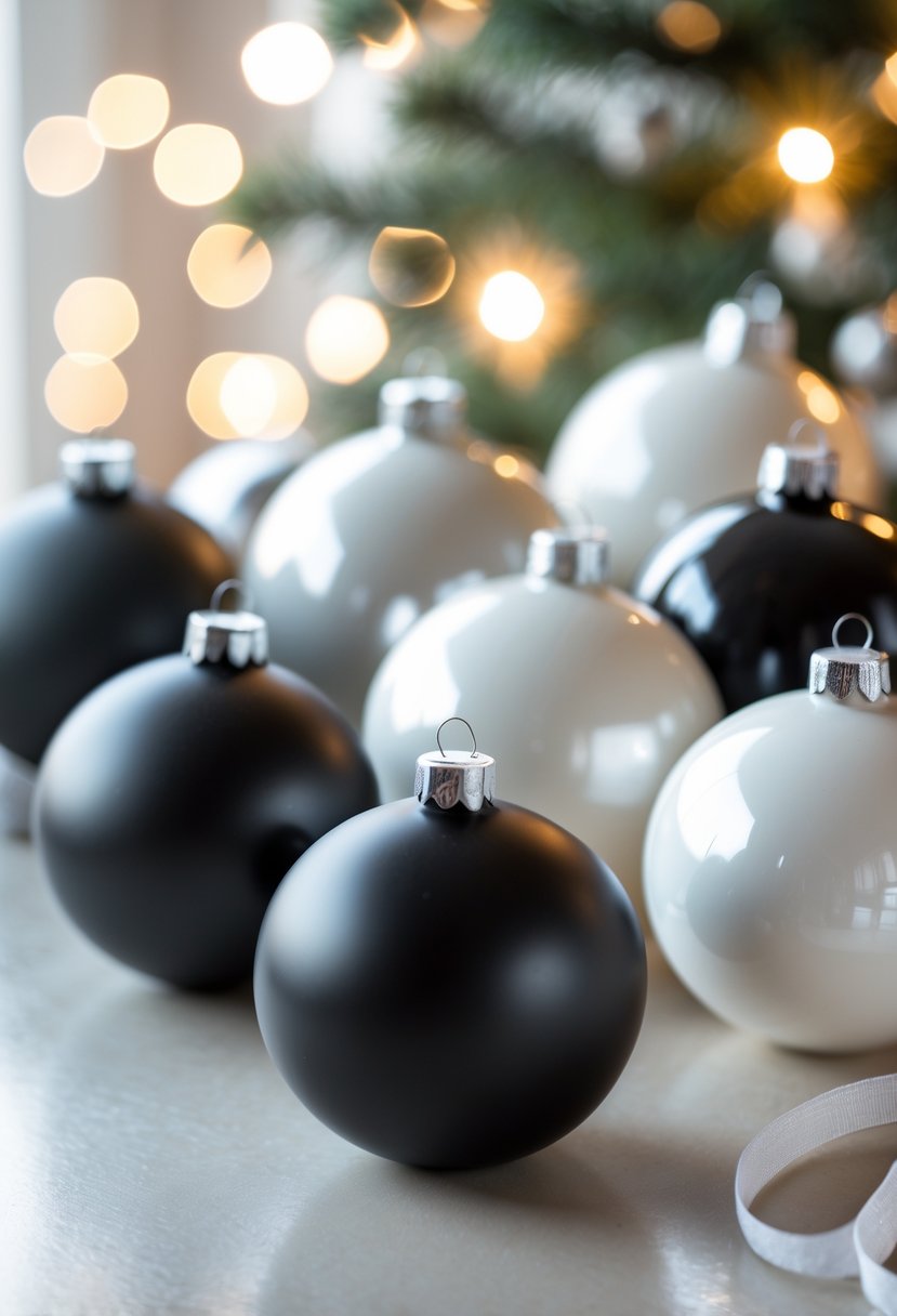 Close-up of black matte and glossy white Christmas baubles arranged together as holiday decorations.